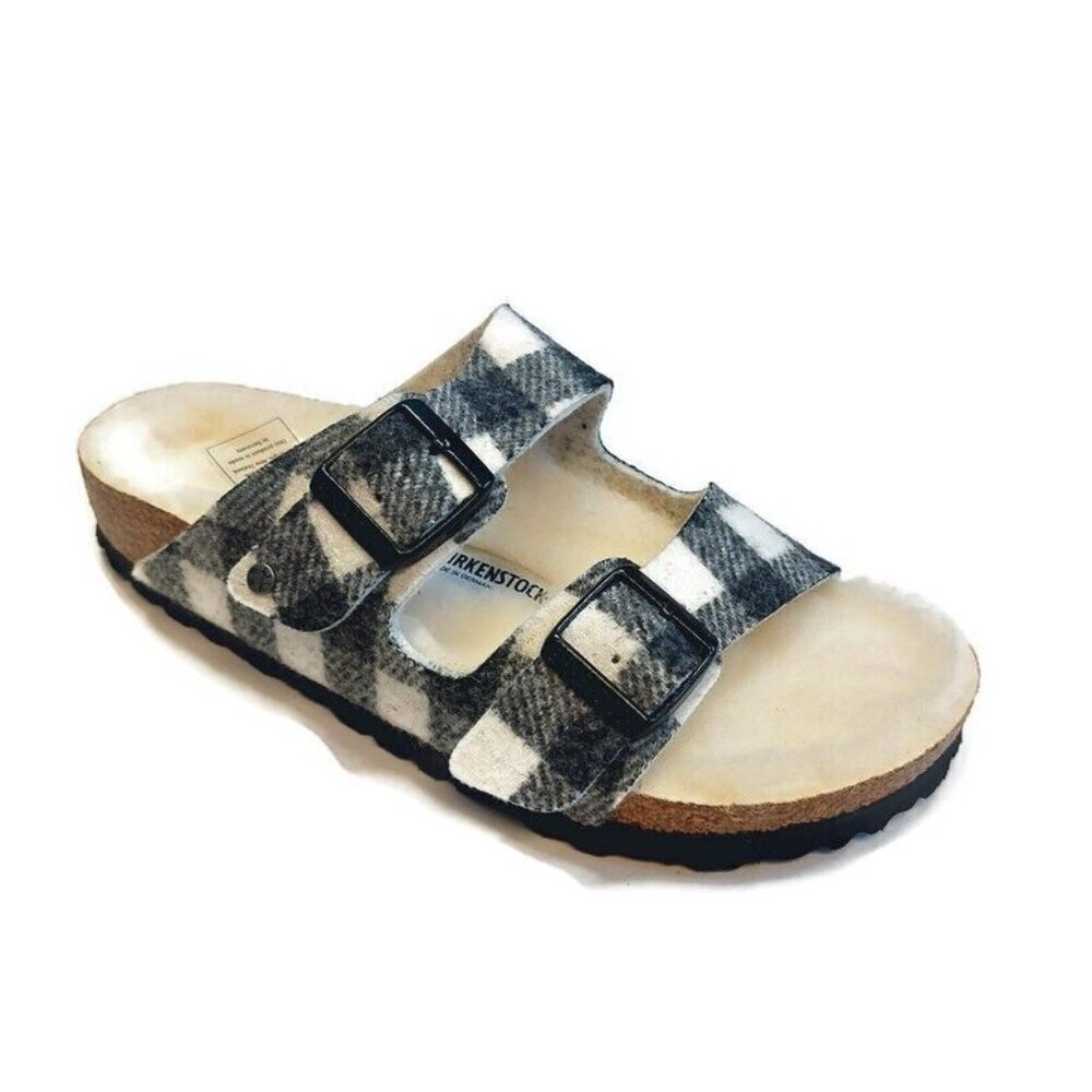 Birkenstock Arizona Rivet Fur Lined Wool Sandals Womens Size 5 Plaid White EU 36
